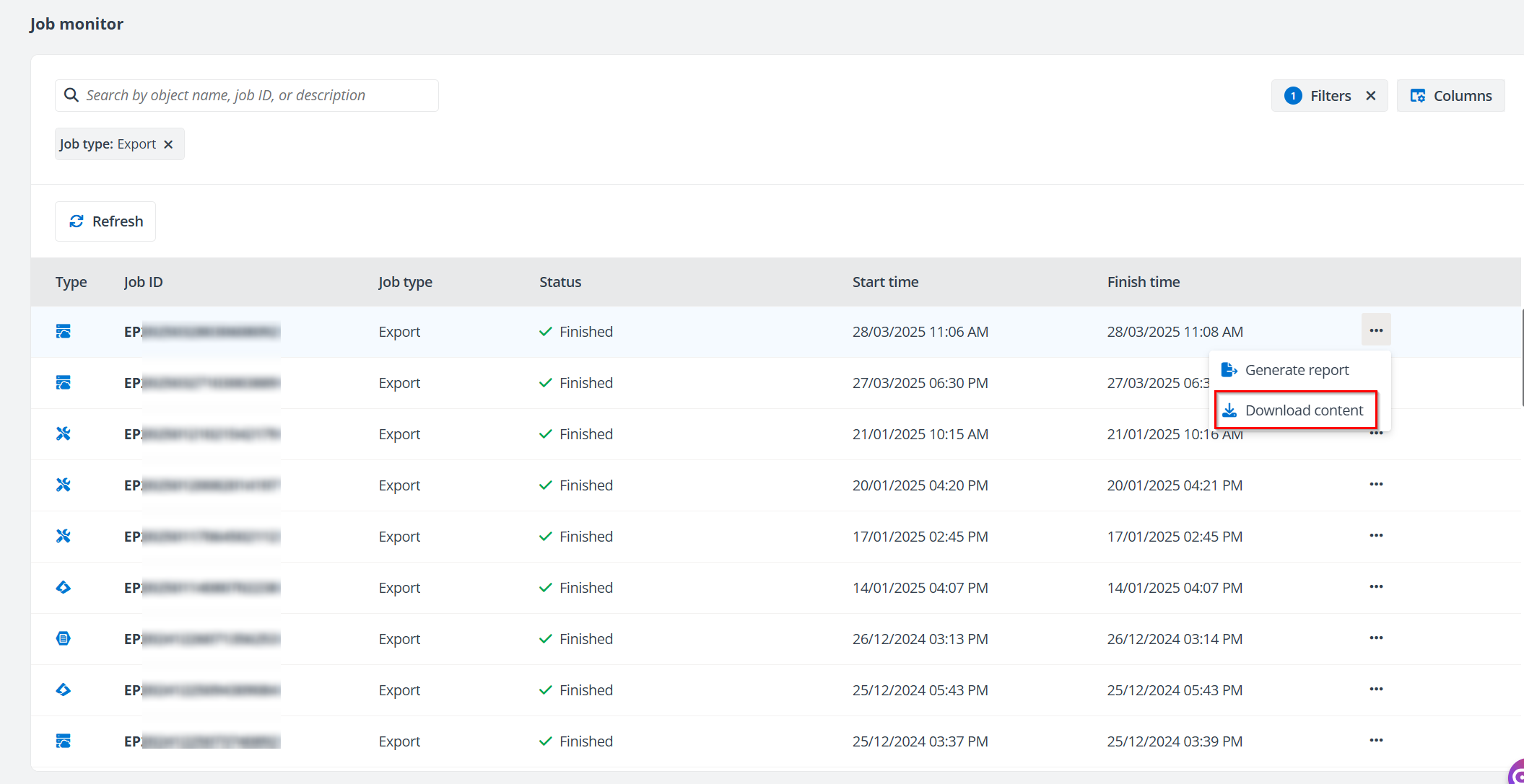 The Download content action.