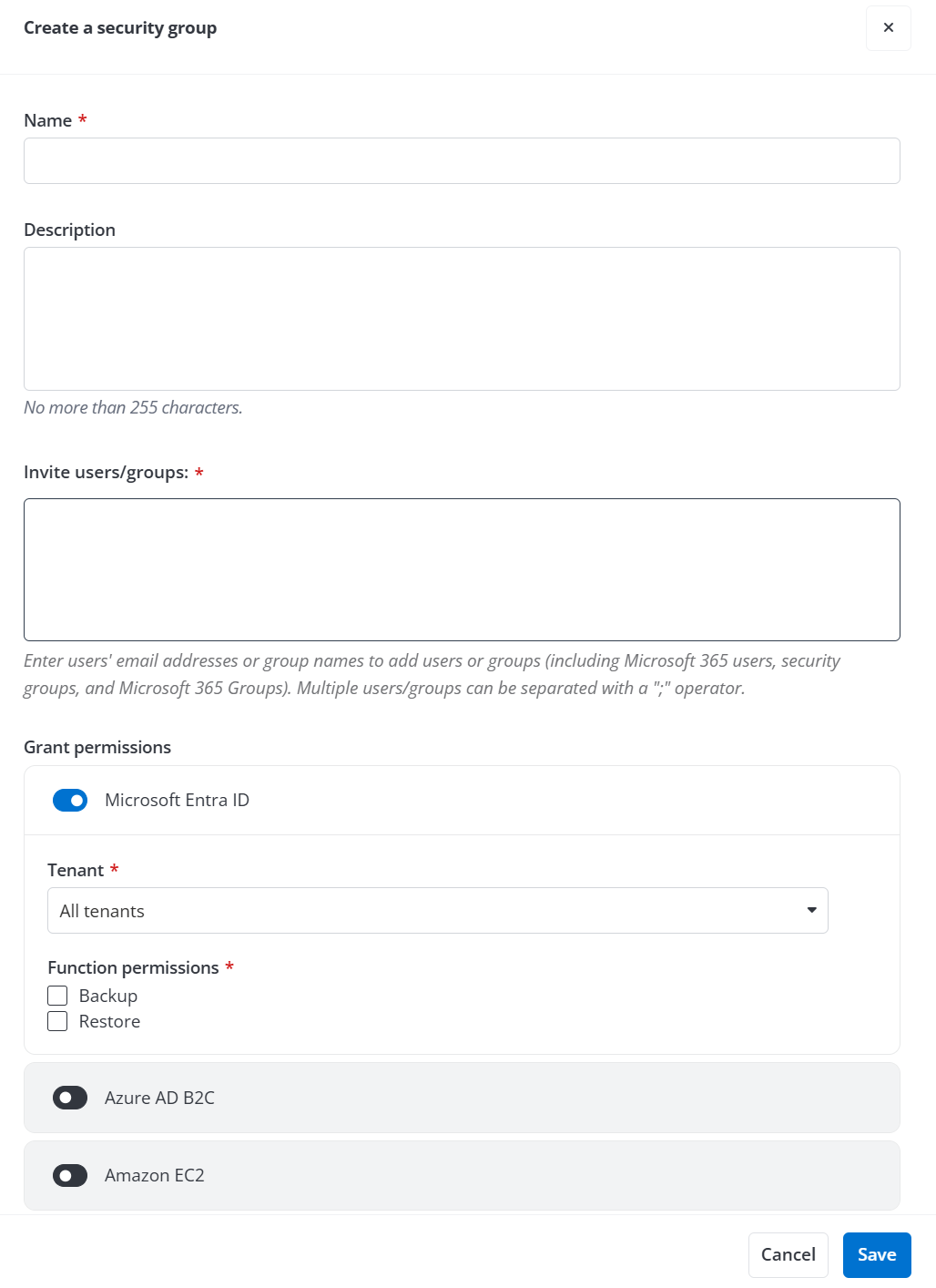 The Create a security group panel.