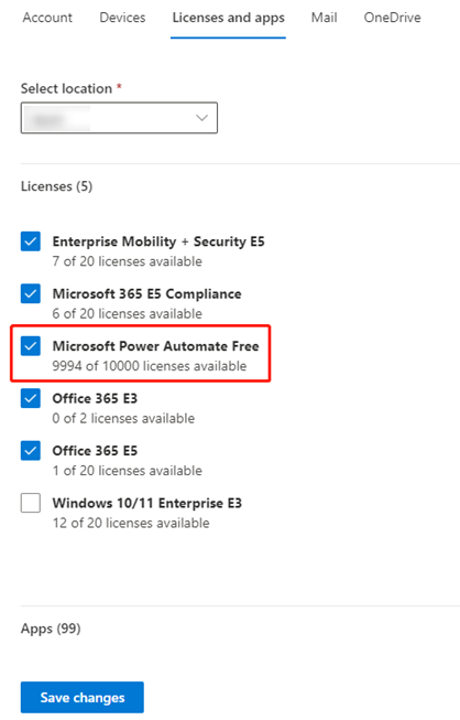 Checking licenses and apps related to Power Automate or Power Apps.