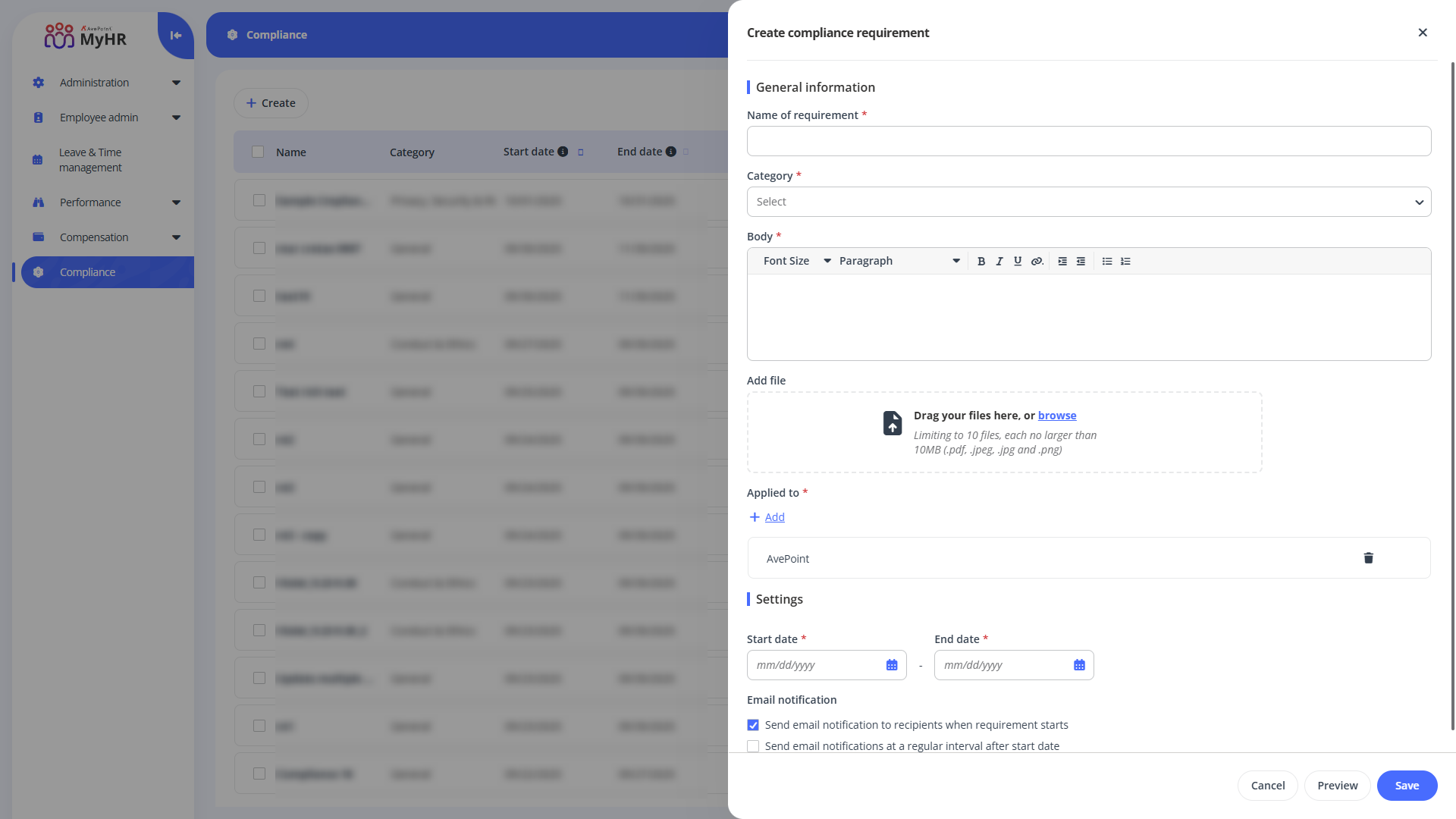 create-compliance-requirement-panel
